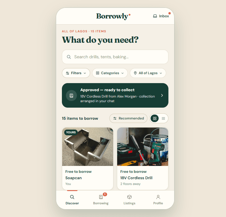 Borrowly Discover screen — search, filter and category dropdowns, a price-led two-column grid of nearby items, and a bottom tab bar with Discover, Borrowing, Listings and Profile.