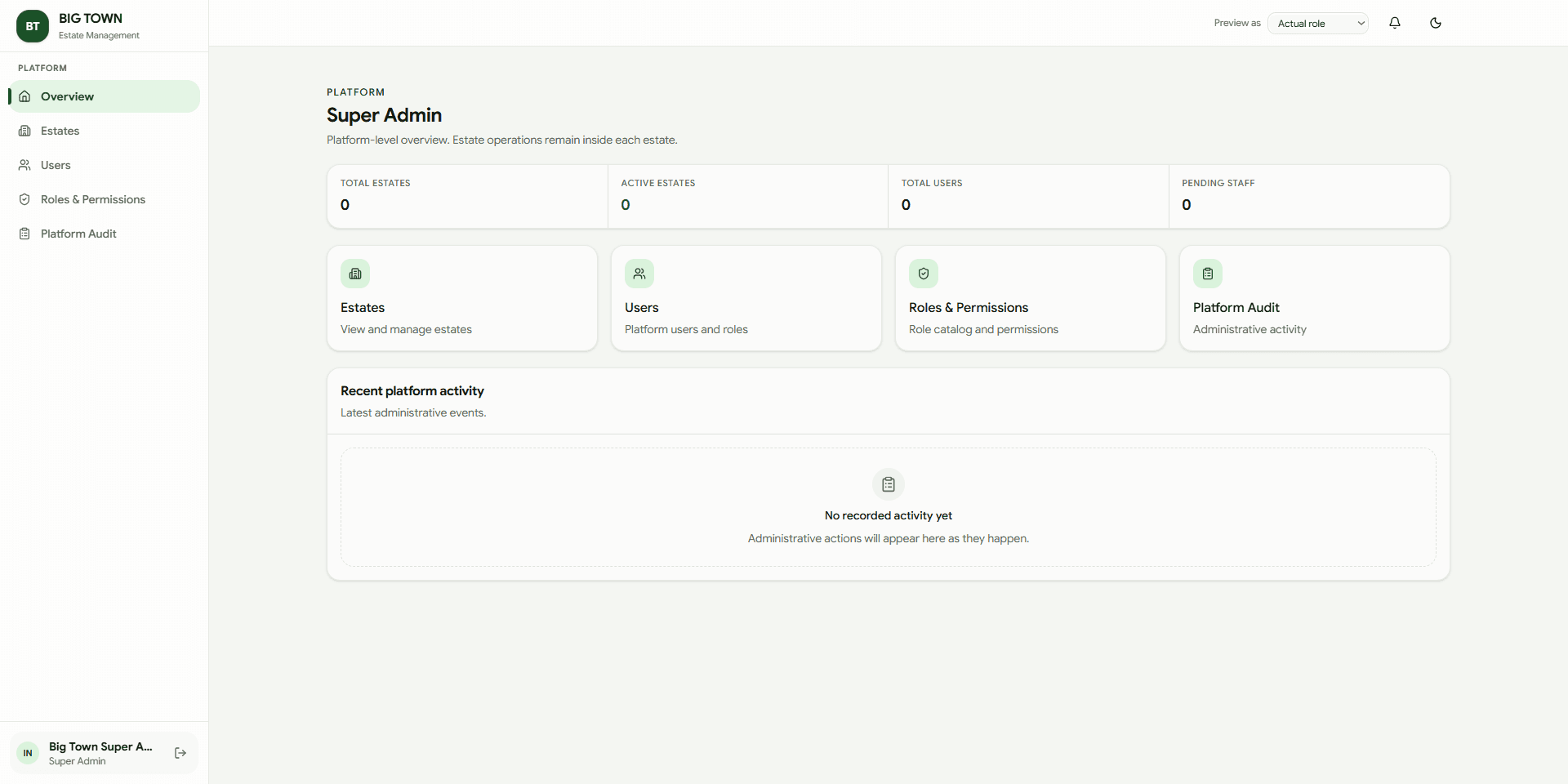 BigTown super admin dashboard