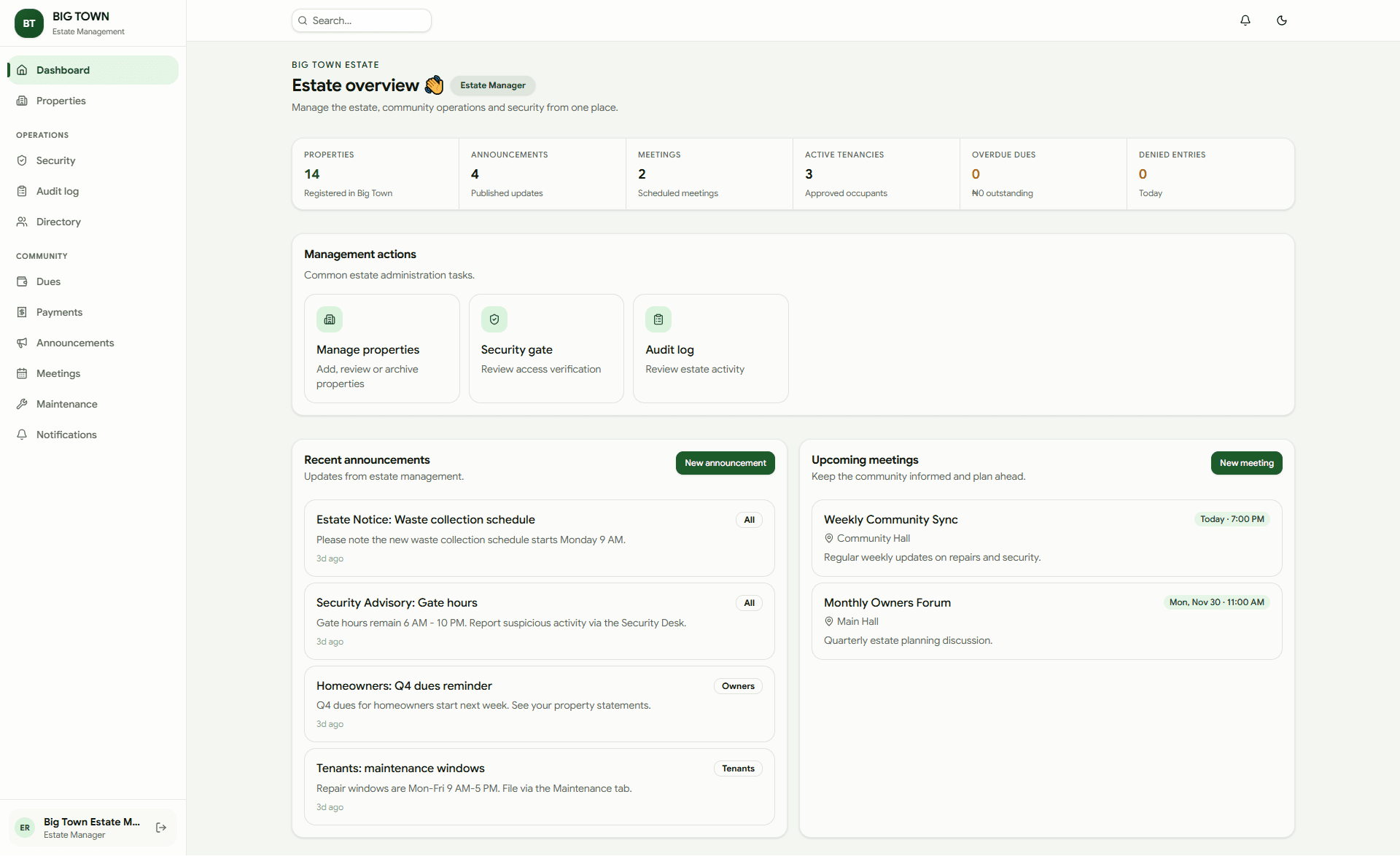 BigTown estate manager dashboard — properties count, announcements, meetings, active tenancies, management actions, recent announcements panel.